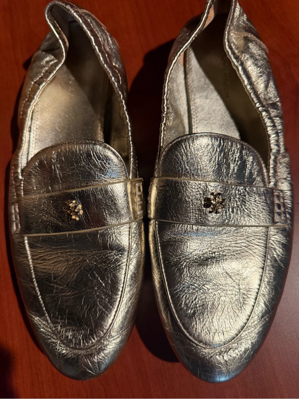 Tory Burch Metallic Silver Leather Penny Loafers